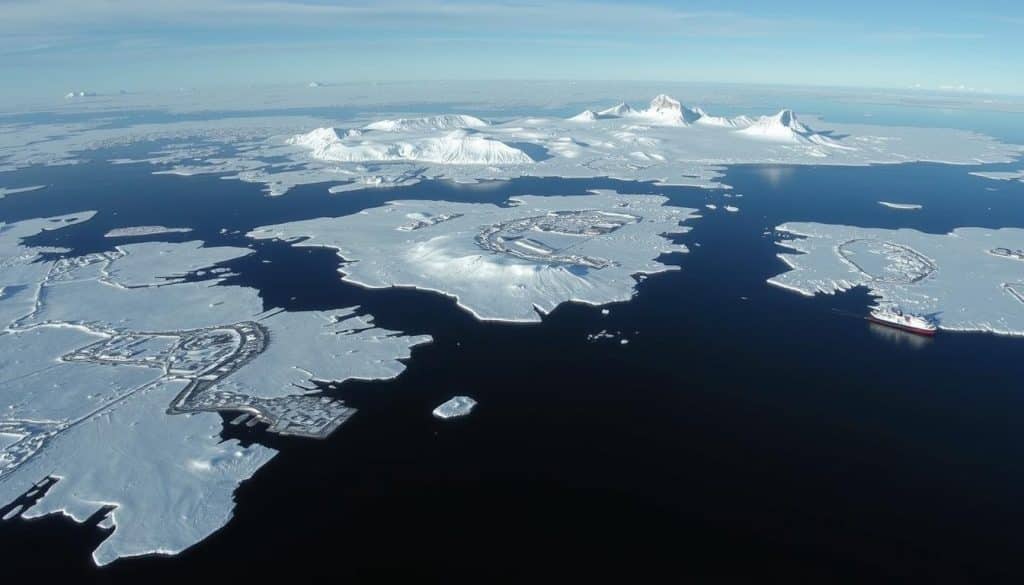 Aerial view of Antarctica showing research stations and pristine landscapes, illustrating potential business ideas in Antarctica