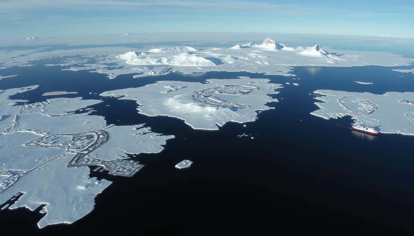 Aerial view of Antarctica showing research stations and pristine landscapes, illustrating potential business ideas in Antarctica