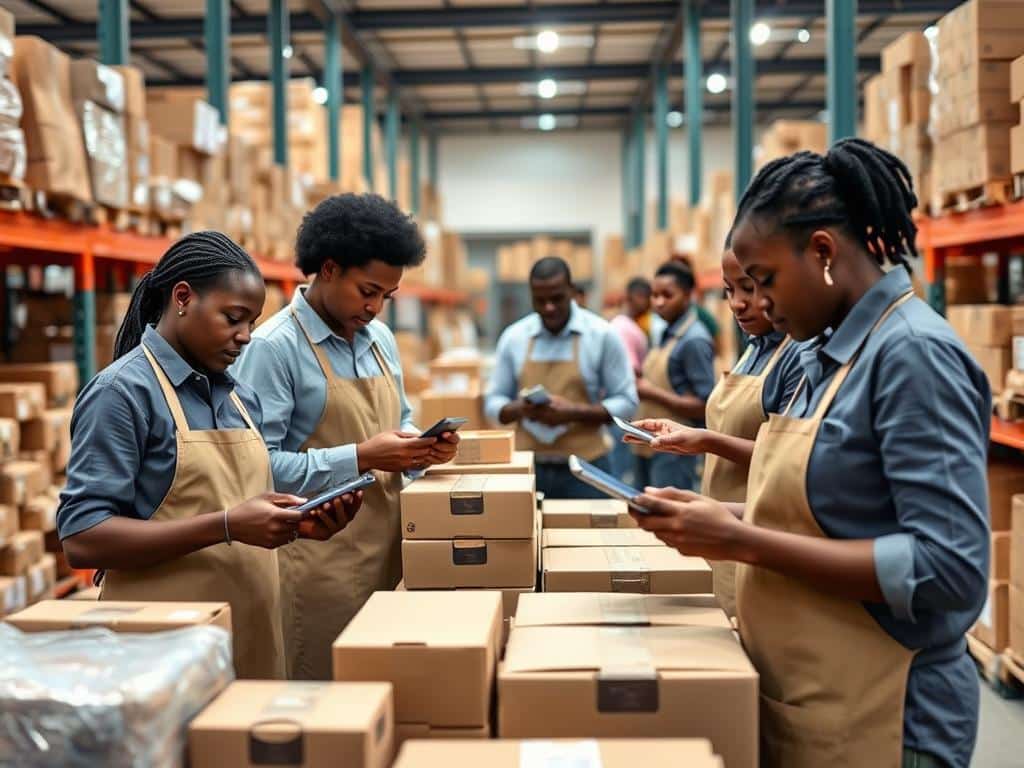 African e-commerce fulfillment center with workers packaging orders