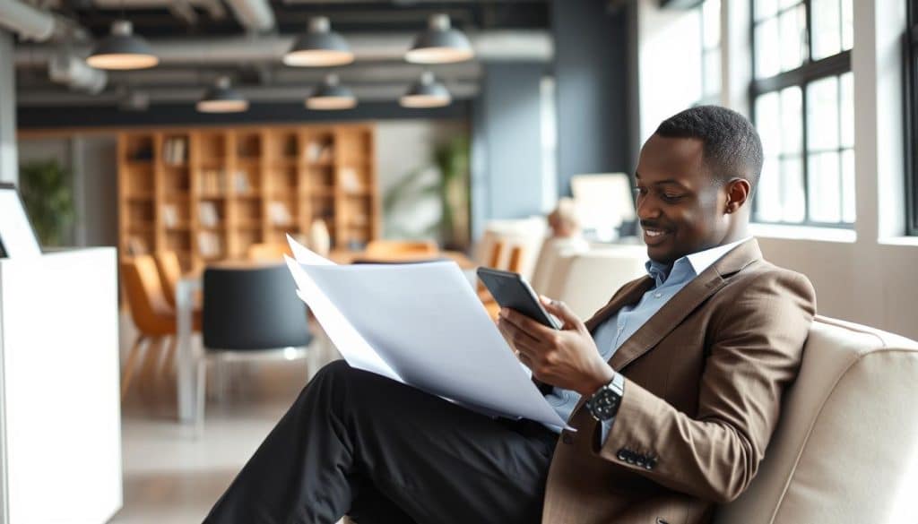 African entrepreneur working on business plan in modern office space