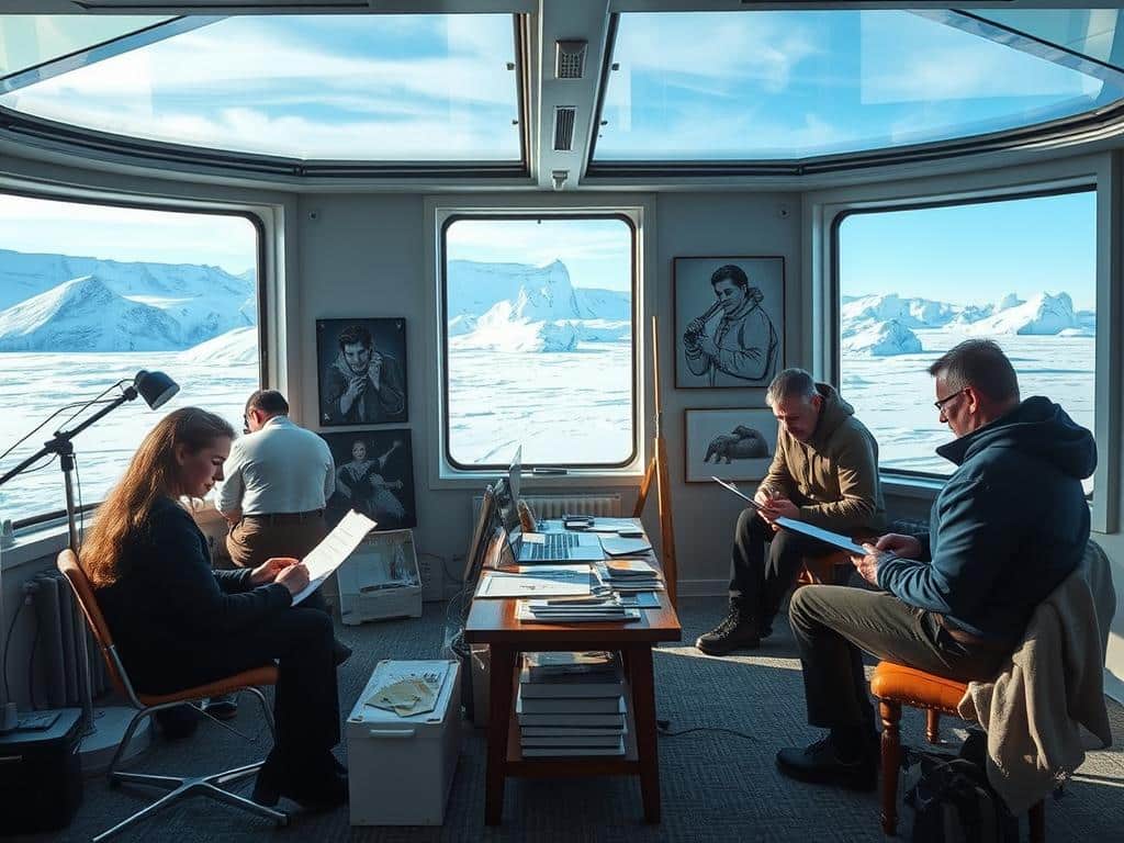 Artists and writers working in an Antarctic setting, representing artistic retreat business ideas in Antarctica
