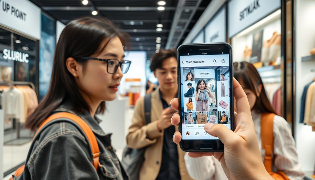 Asian consumers using augmented reality shopping experience on mobile devices Asian consumers using augmented reality shopping experience on mobile devices