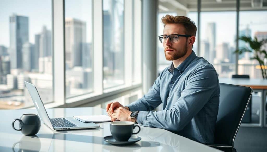 Australian entrepreneur working on business ideas in Australia at a modern office space