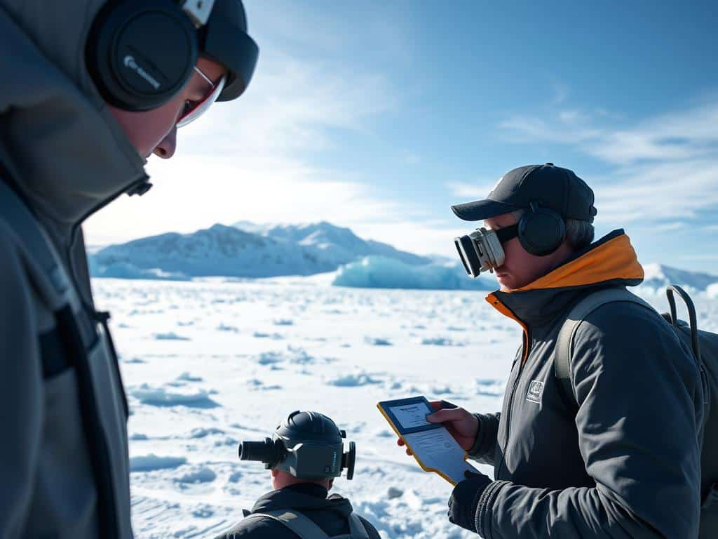 Carbon offset project in Antarctica with researchers monitoring environmental impact, showing conservation business ideas in Antarctica