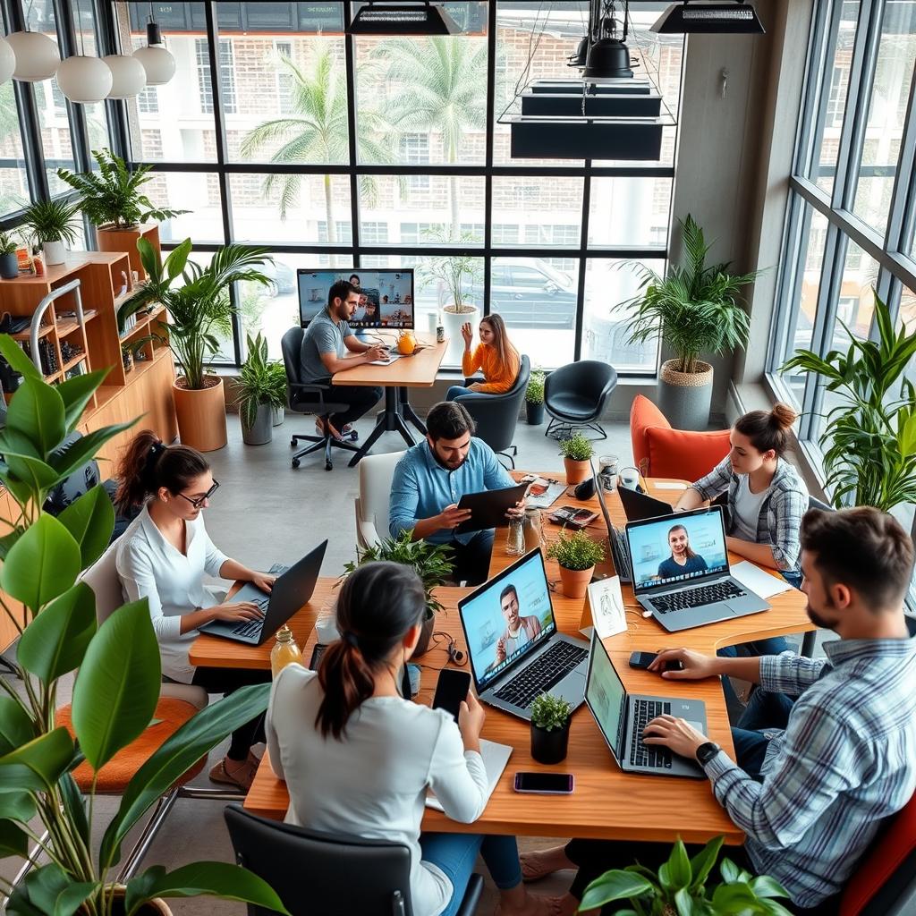Co-working space in South America with diverse professionals working remotely