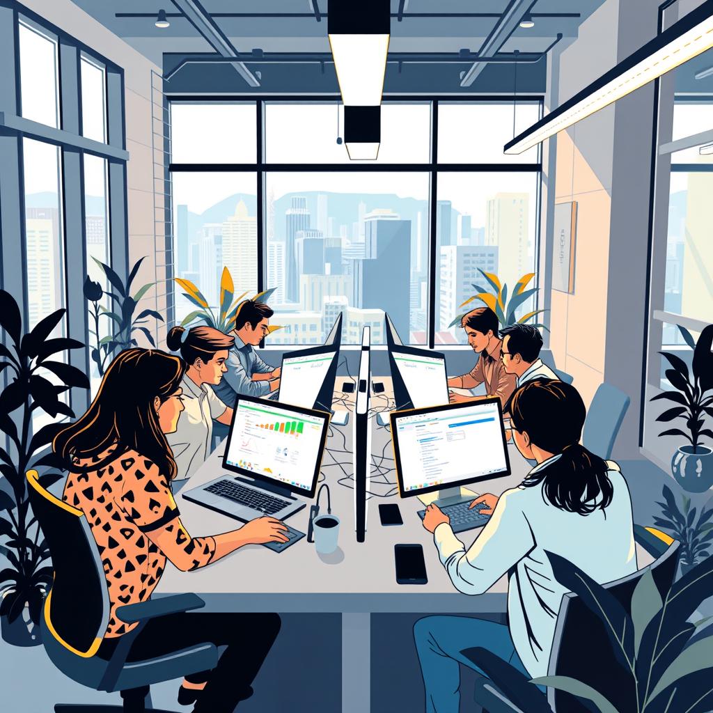 Colombian tech hub with entrepreneurs working in modern office