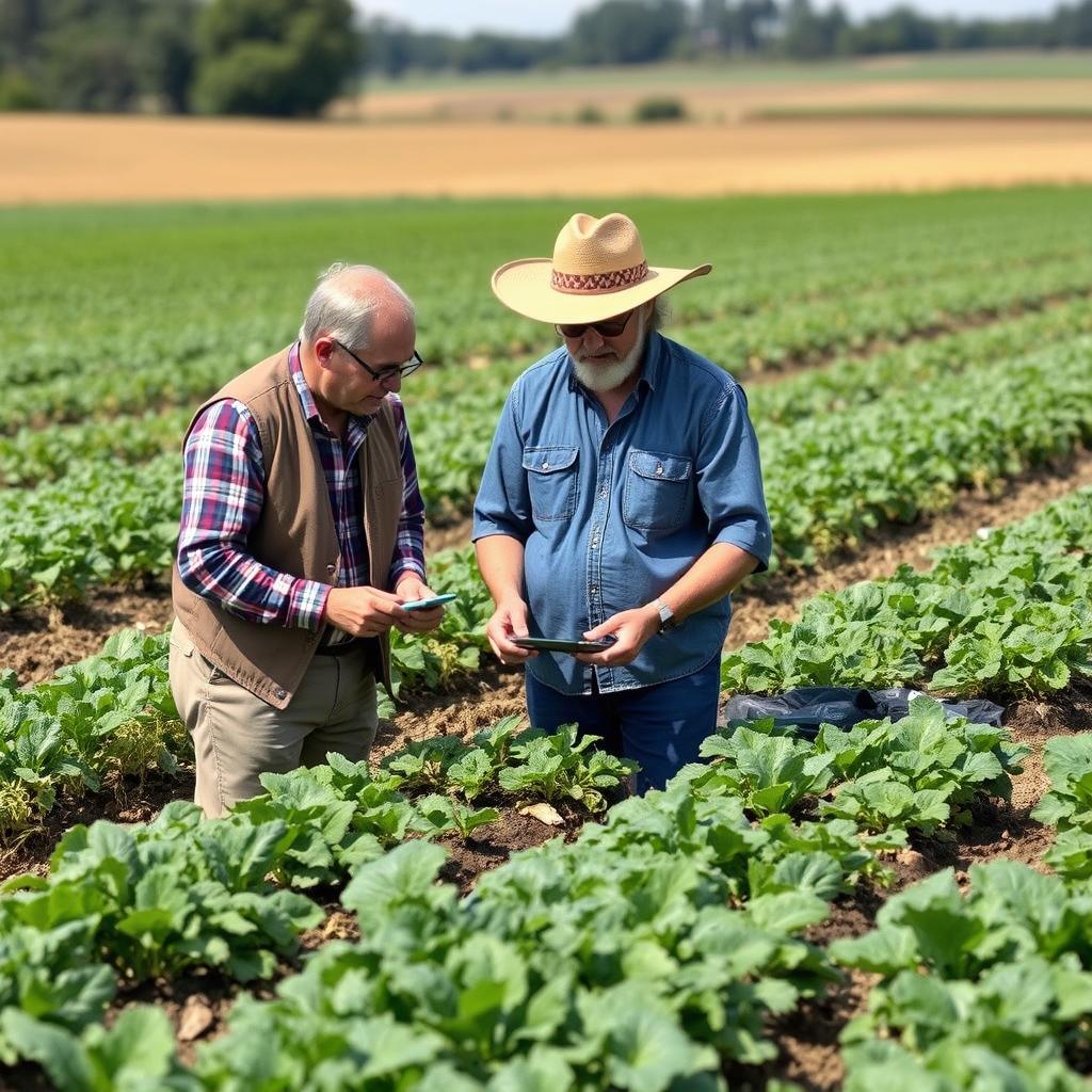 Consultant discussing regenerative farming practices with farmer in field