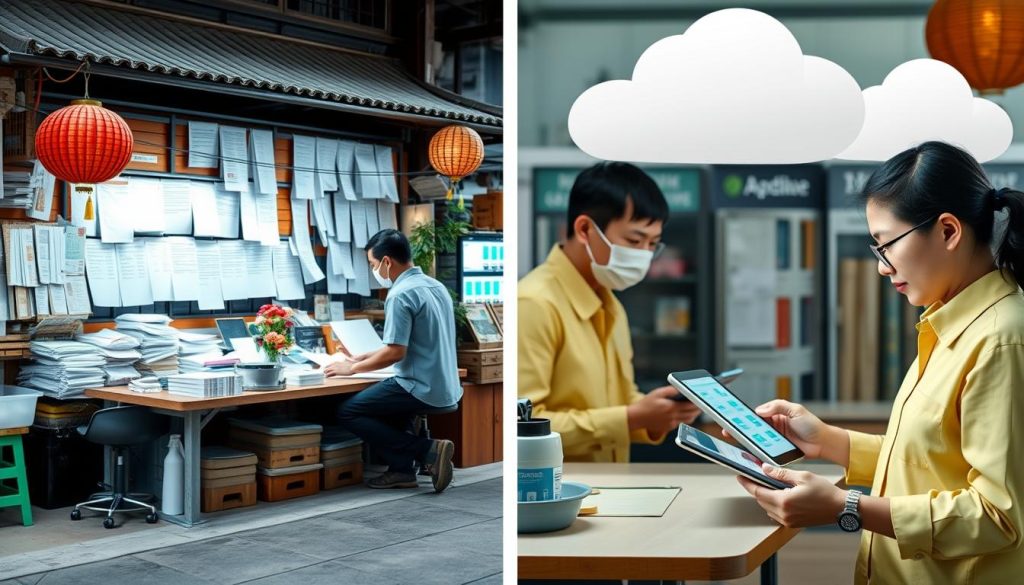 Digital transformation of traditional Asian business showing before and after technology implementation Digital transformation of traditional Asian business showing before and after technology implementation