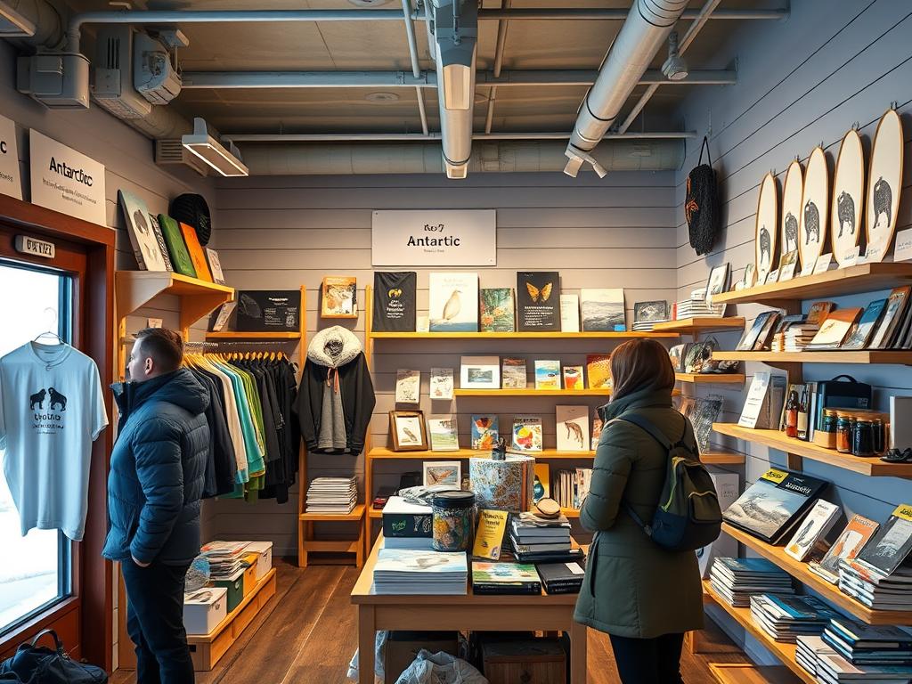 Eco-friendly Antarctic merchandise and souvenirs, illustrating retail business ideas in Antarctica