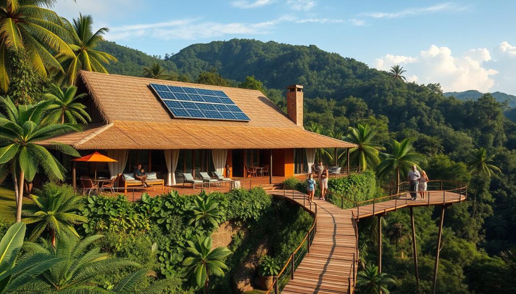 Eco-tourism lodge in South American rainforest with sustainable features Eco-tourism lodge in South American rainforest with sustainable features