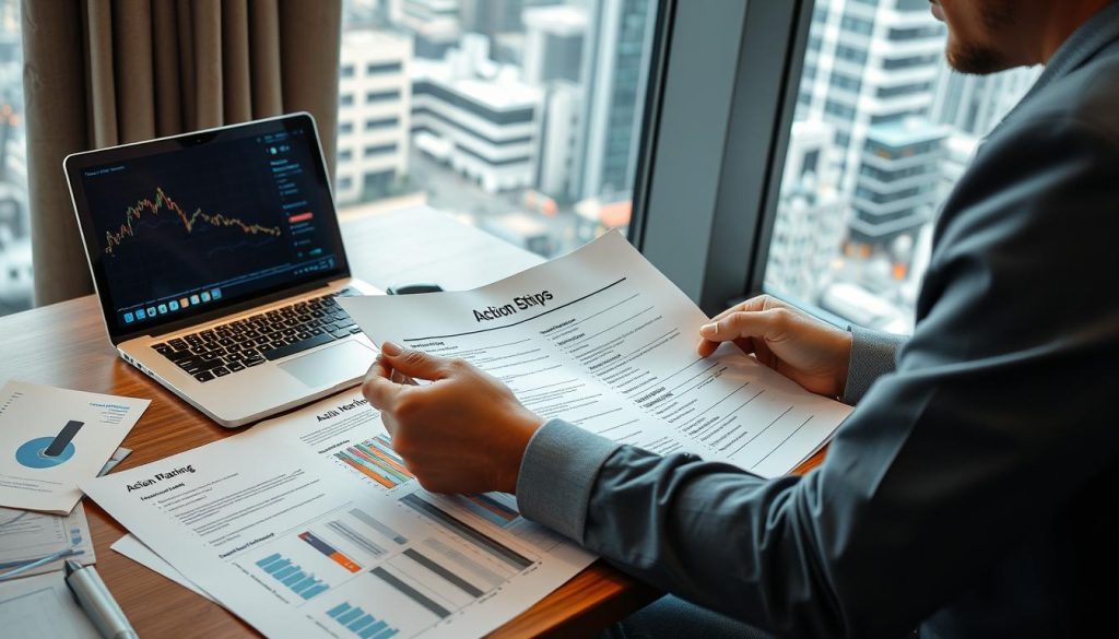Entrepreneur reviewing Asian market entry strategy documents with action steps highlighted Entrepreneur reviewing Asian market entry strategy documents with action steps highlighted