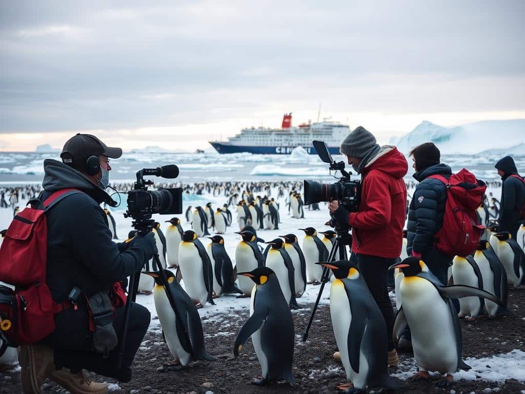 Film crew documenting Antarctic wildlife and landscapes, showcasing documentary production business ideas in Antarctica