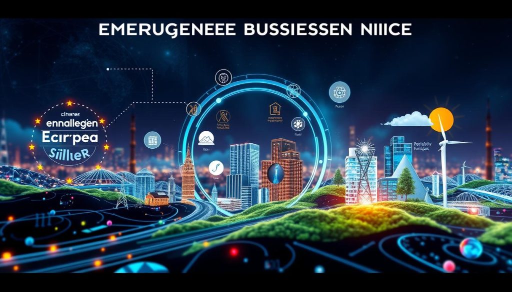 Futuristic European business concept showing emerging technology and market niches Futuristic European business concept showing emerging technology and market niches