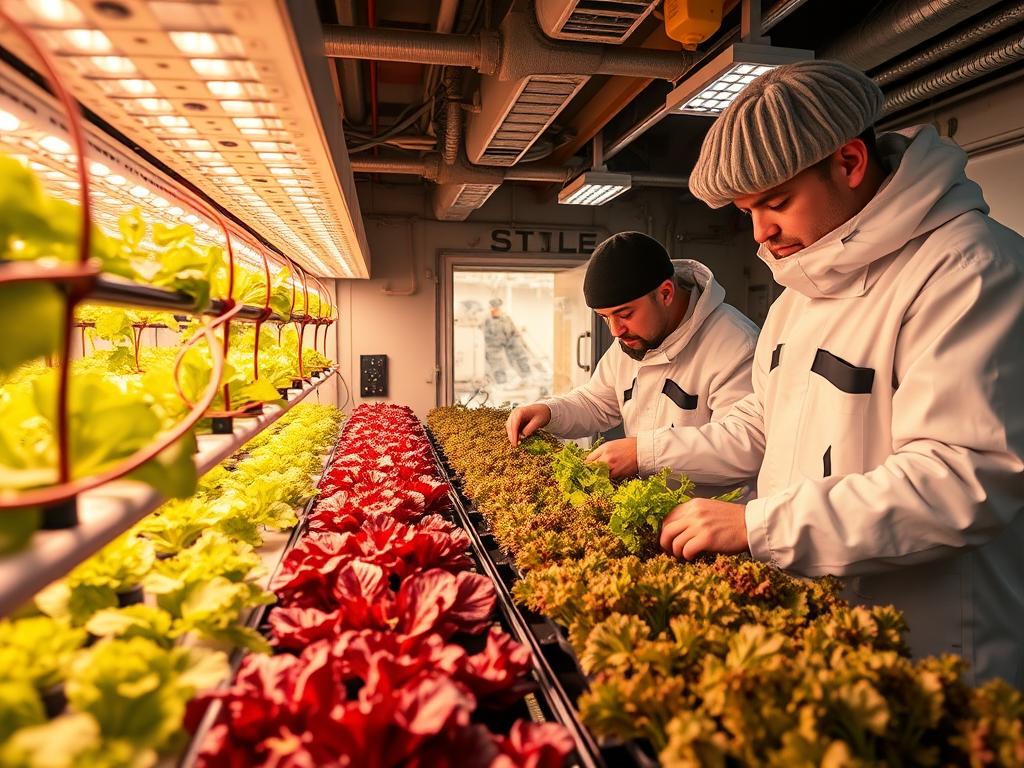 Hydroponic growing system inside an Antarctic research station, illustrating sustainable supply chain business ideas in Antarctica