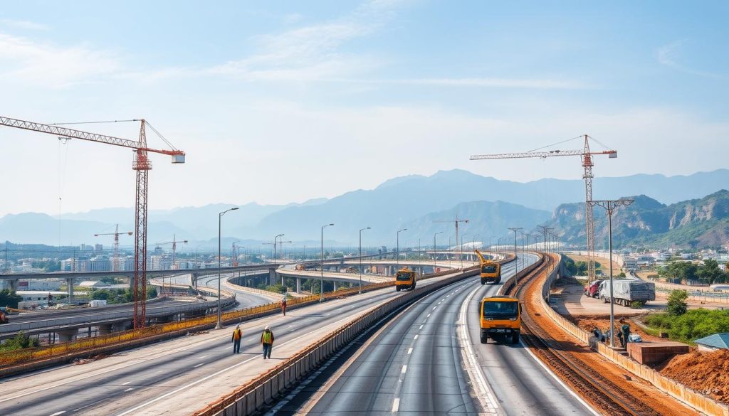Infrastructure development project in South America showing construction of roads and bridges Infrastructure development project in South America showing construction of roads and bridges