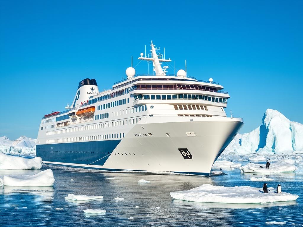Luxury expedition ship navigating through Antarctic waters, representing polar tourism business ideas in Antarctica