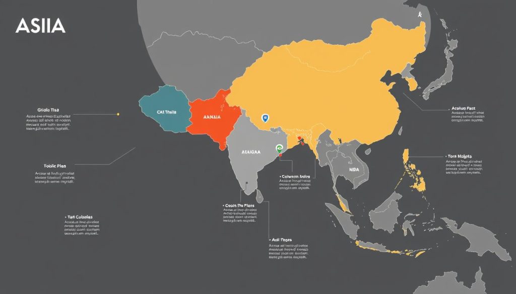 Map of Asia highlighting different business opportunity zones across countries Map of Asia highlighting different business opportunity zones across countries