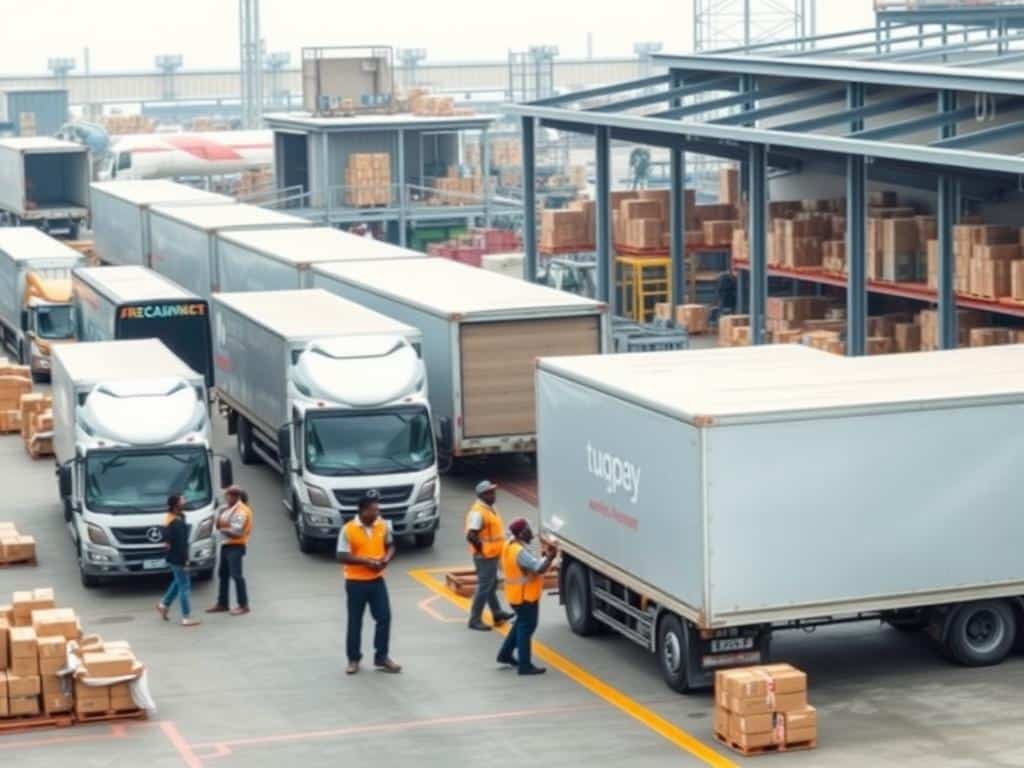 Modern logistics operation in Africa with delivery vehicles and warehouse