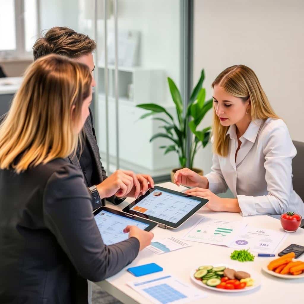 Nutritionist analyzing personalized meal plan with client