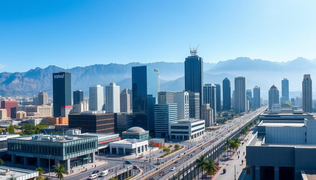 Panoramic view of a bustling South American business district with modern skyscrapers and mountains in the background
