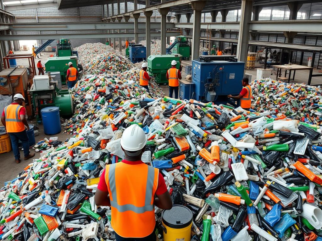 Plastic recycling facility in Africa with workers sorting materials