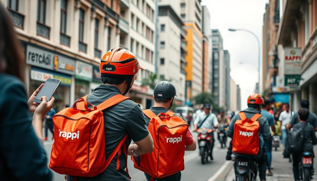 Rappi delivery service in action in Colombian city streets Rappi delivery service in action in Colombian city streets