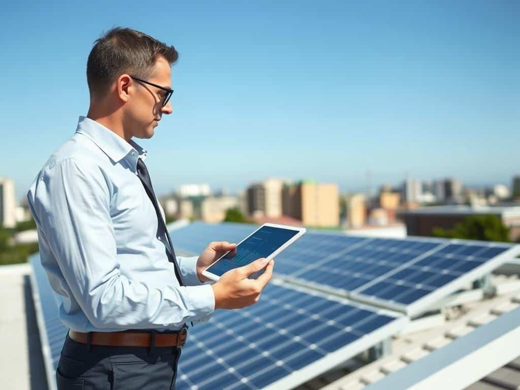 Renewable energy consultant examining solar panels for business ideas in Australia