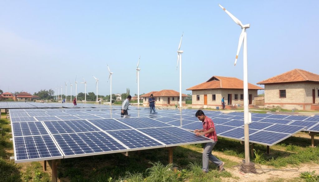 Renewable energy installation in rural Asian community with solar panels and wind turbines Renewable energy installation in rural Asian community with solar panels and wind turbines