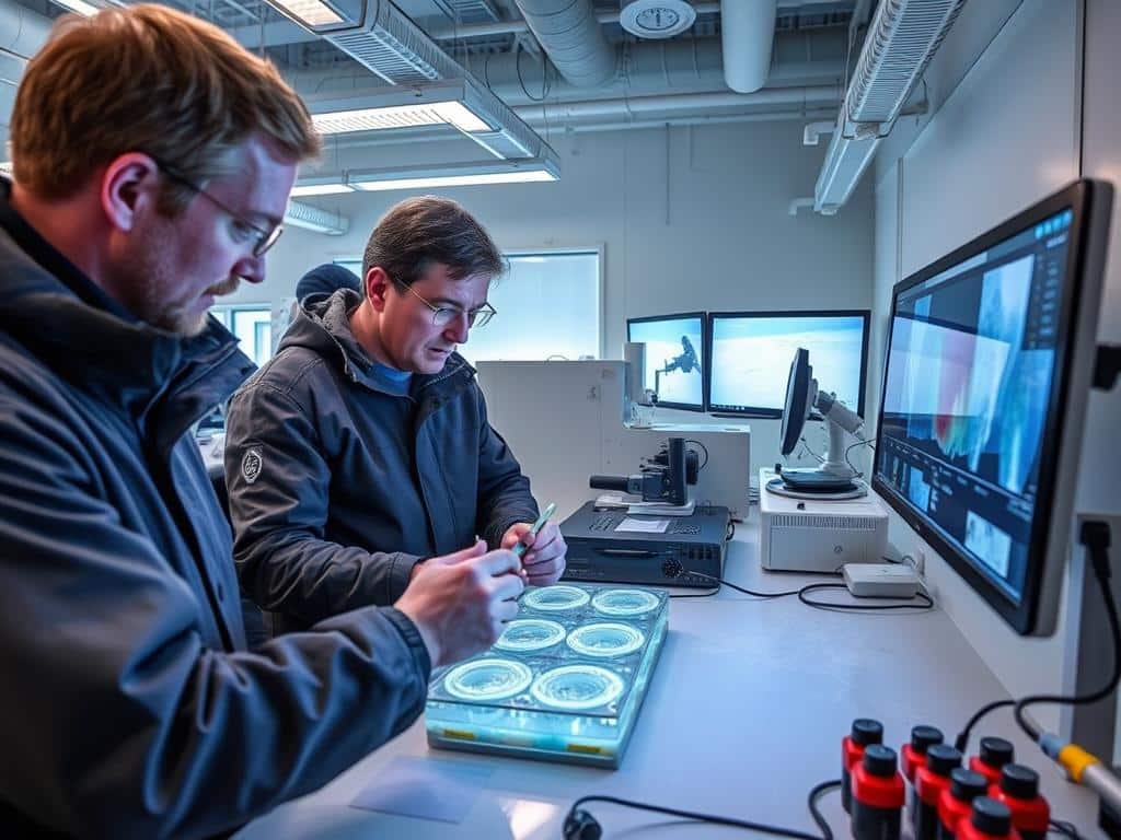 Scientists analyzing climate data collected from Antarctic ice cores, showing climate data analysis business ideas in Antarctica