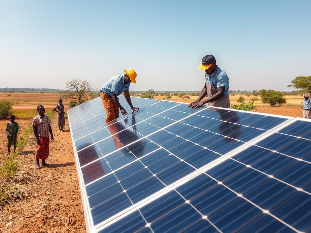 Solar panel installation in rural Africa providing electricity to communities