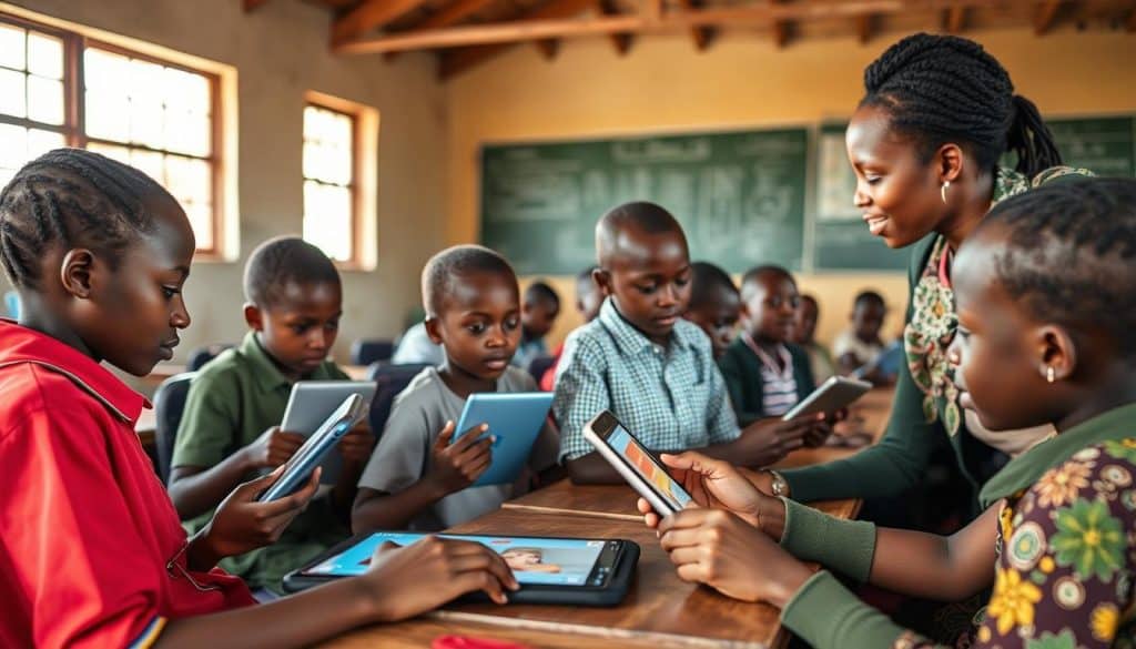 Students in Africa using educational technology in a classroom setting