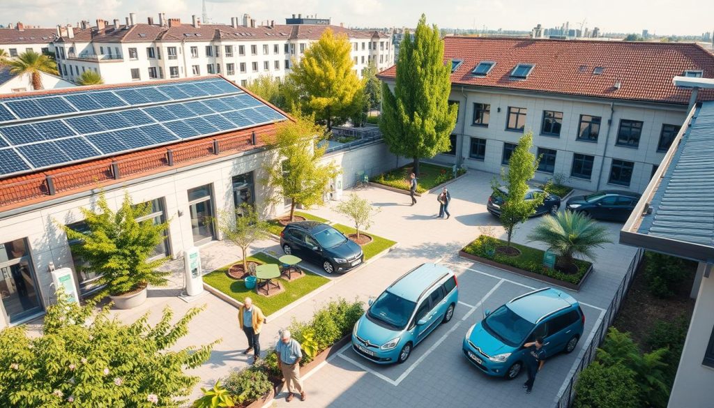 Sustainable business operation with solar panels and eco-friendly practices in Europe Sustainable business operation with solar panels and eco-friendly practices in Europe