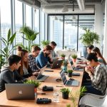 Tech entrepreneurs working on AI solutions in a modern European coworking space