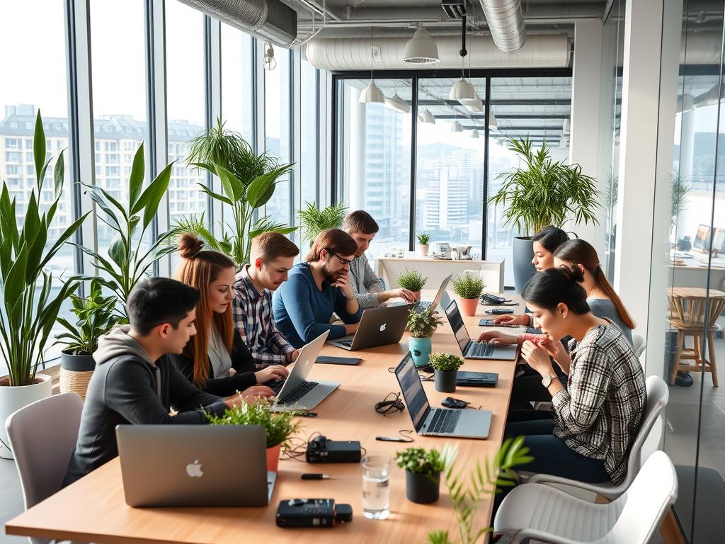 Tech entrepreneurs working on AI solutions in a modern European coworking space