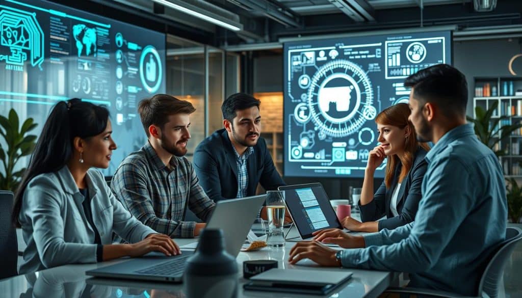 Tech entrepreneurs working on innovative business solutions with digital interfaces