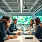 Tech innovation hub in Asia showing entrepreneurs working on sustainable technology solutions