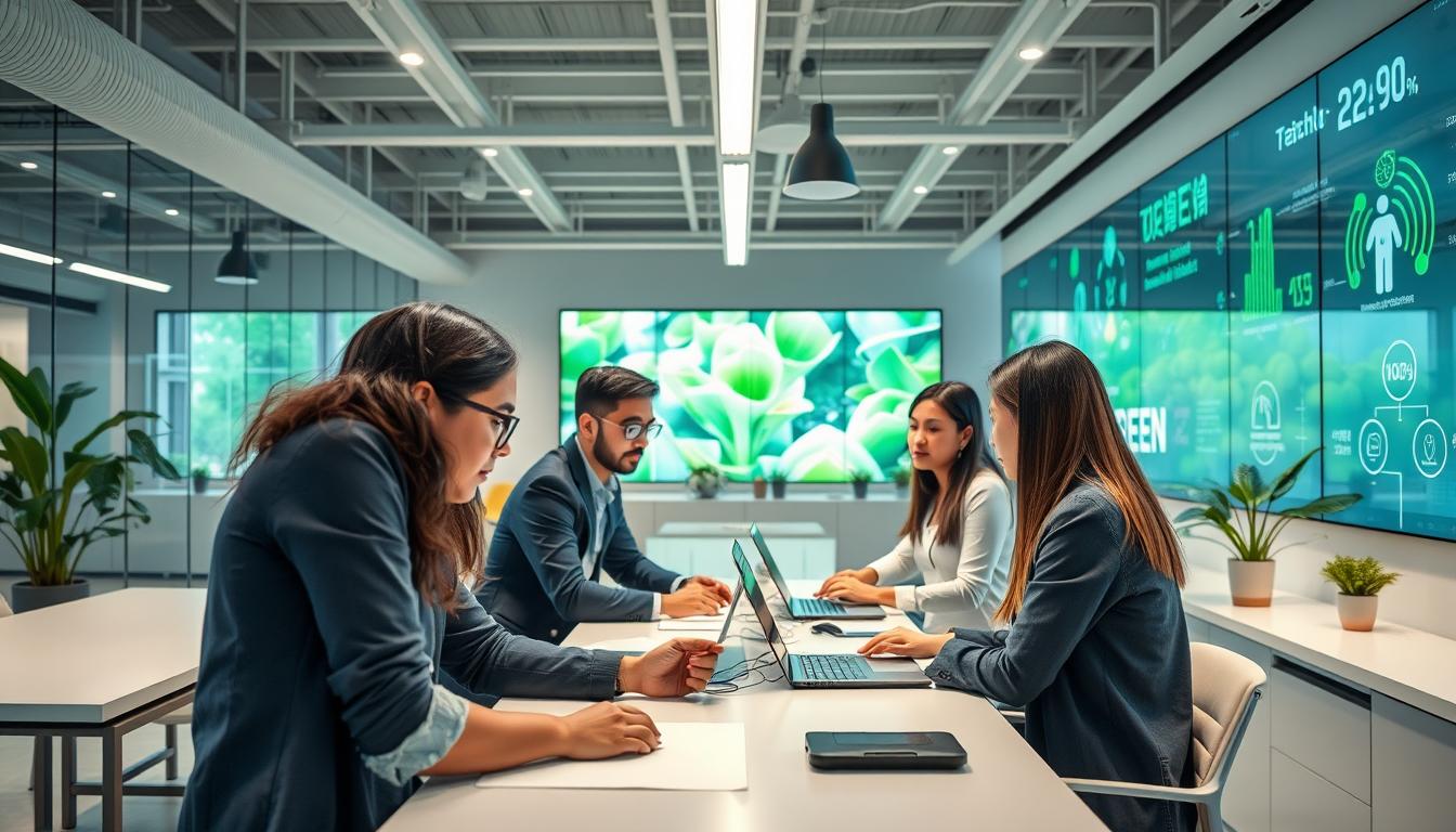 Tech innovation hub in Asia showing entrepreneurs working on sustainable technology solutions