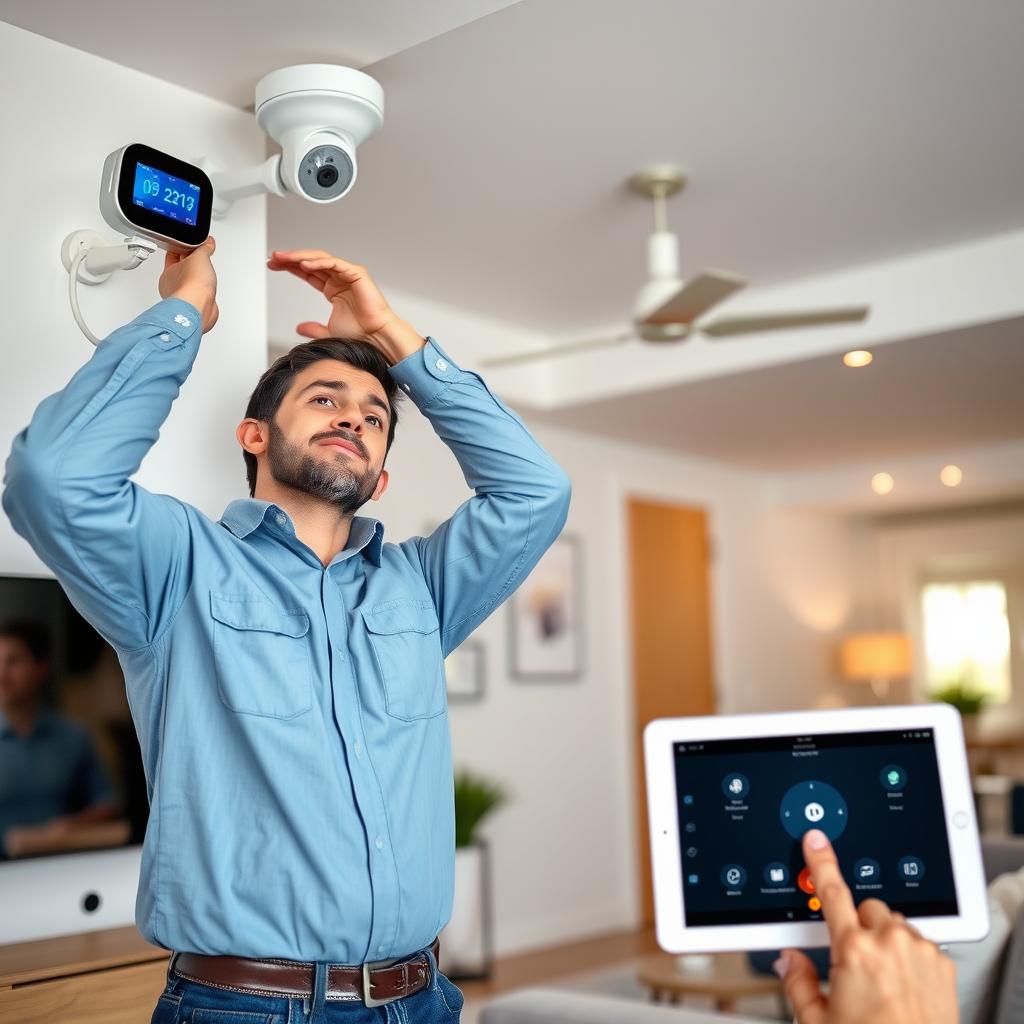 Technician installing smart home devices in modern home