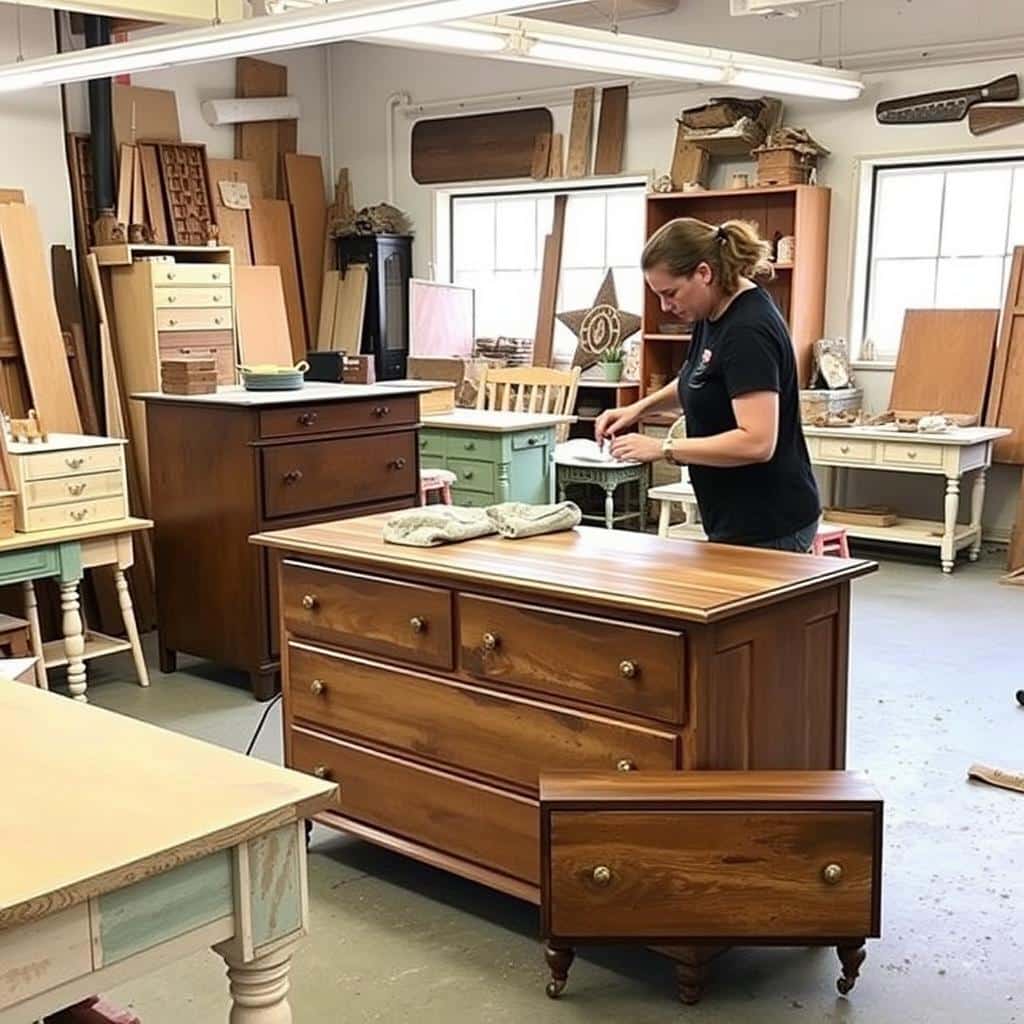 Workshop with upcycled furniture pieces being restored